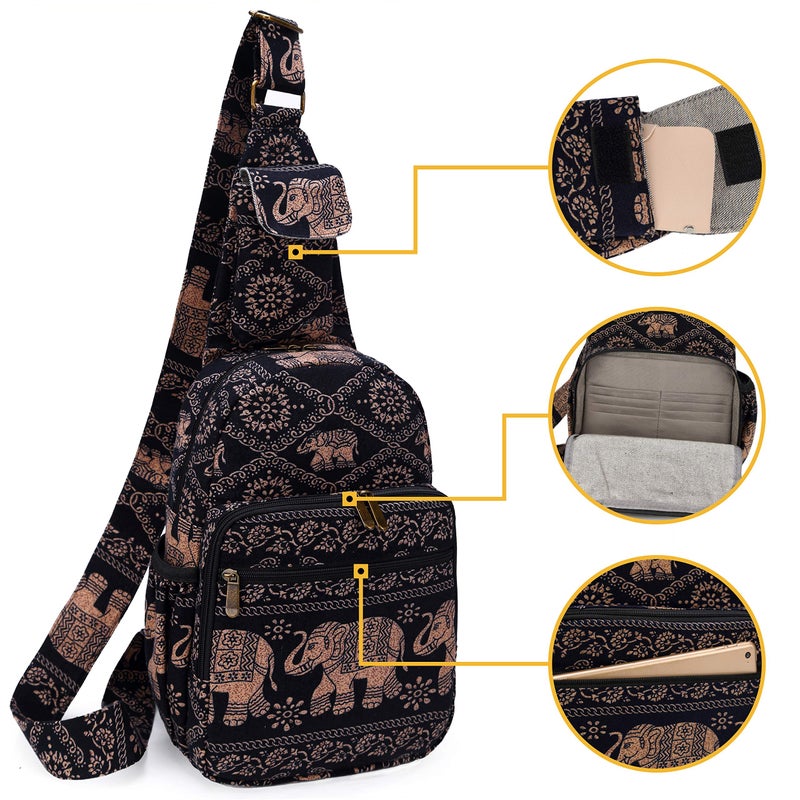 Coton Pose Women sling bag Elephant canvas large boho backpacks bohemian Crossbody bag (Black) - Image 3